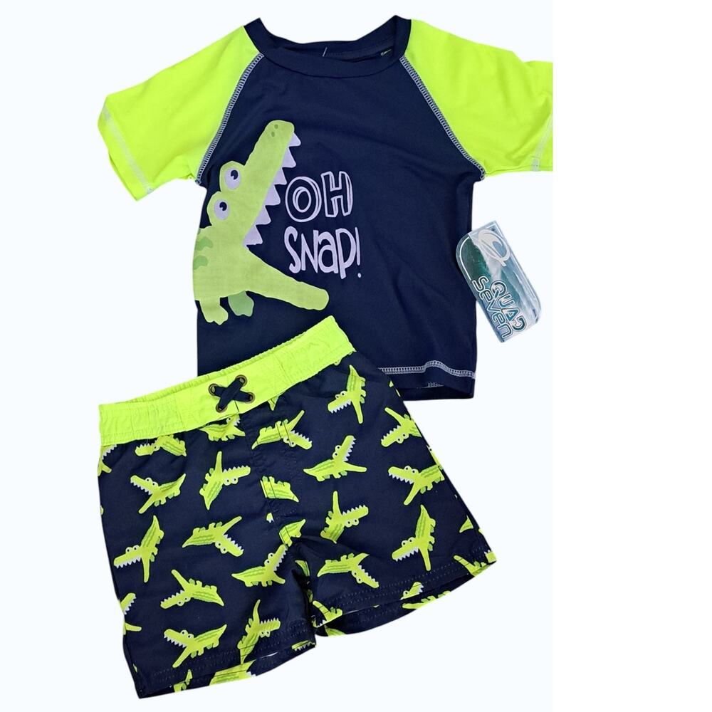 Boy's Navy Neon Yellow Crocodile Two Piece Rash Guard Swim Set 18Months  ‎ NWT